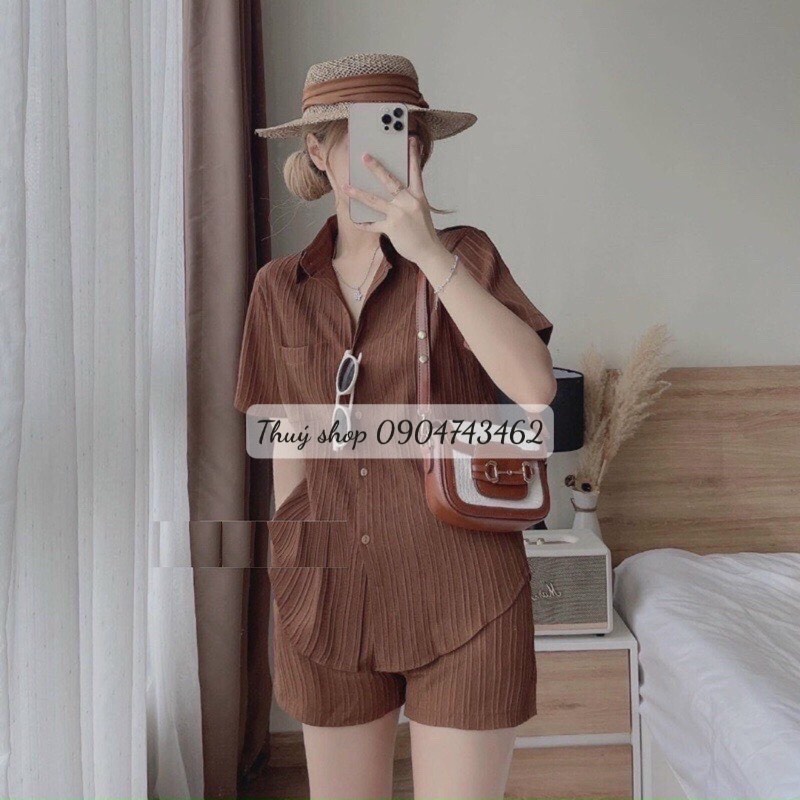 Bộ đũi sóng nhăn quần đùi áo sơ mi buộc nơ sau Thời Trang Giá Xưởng Official