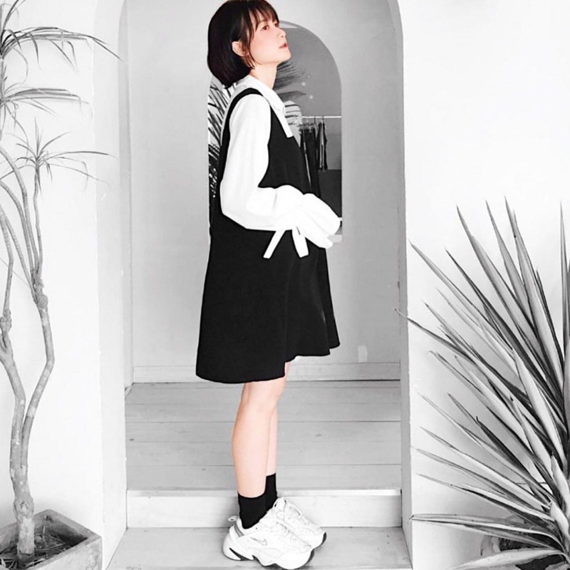 (CLIP THẬT) Đầm babydoll đen dáng suông A phối tay trắng MODE | BigBuy360 - bigbuy360.vn