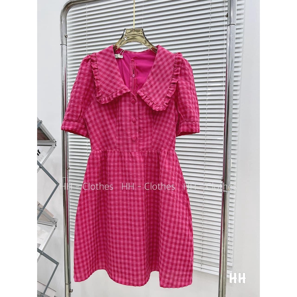 Váy babydoll vải đũi mềm đầm kẻ hồng sen mịn mát from dưới 58kg-Minxy shop
