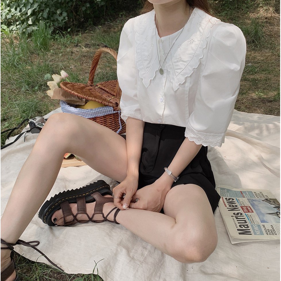 Áo kiểu Peppermint 36062 tay ngắn cổ búp bê phối màu xinh xắn dành cho nữ tùy chọn màu sắc