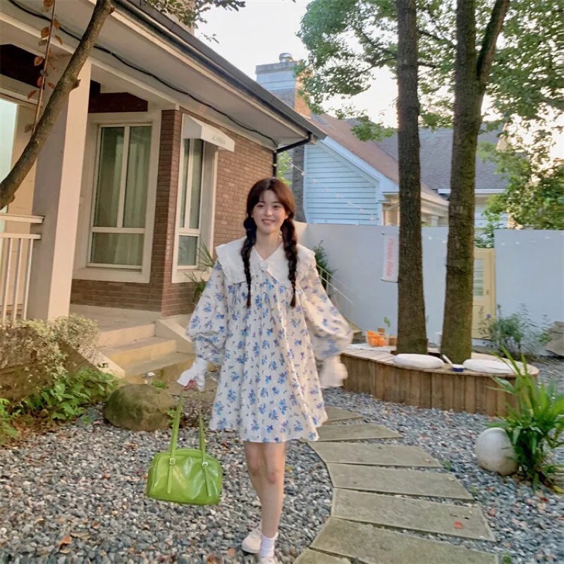 Đầm Hoa Nhí, Cổ Búp Bê Form Rộng Chữ A, Phong Cách Korean