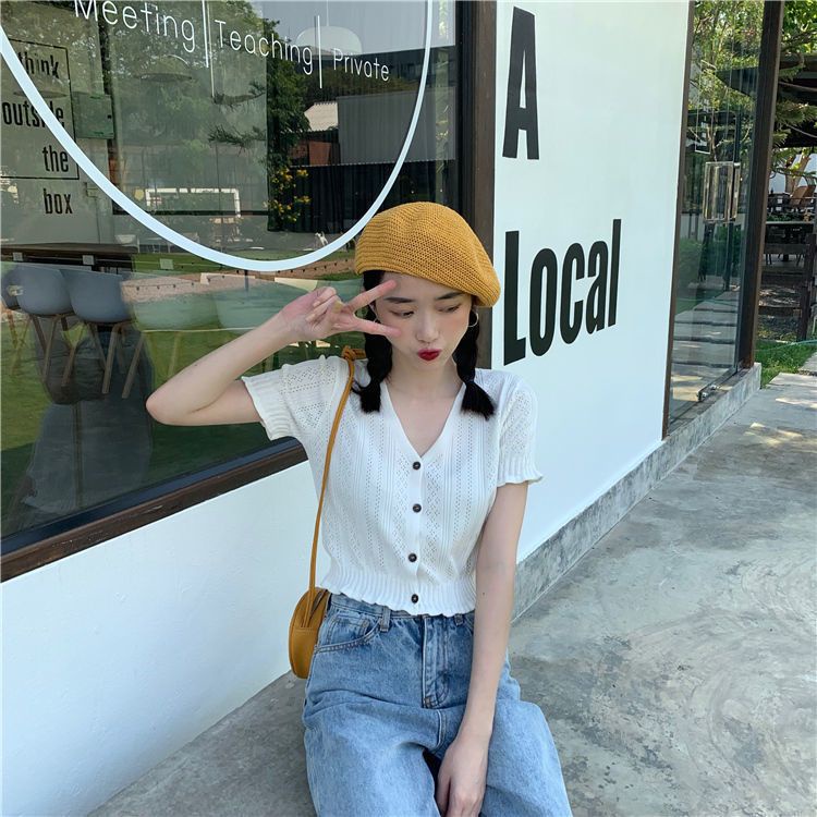 Áo Thun Dệt Kim Mỏng Cổ Chữ v Khoét Lỗ Phong Cách Retro Cho Nữ