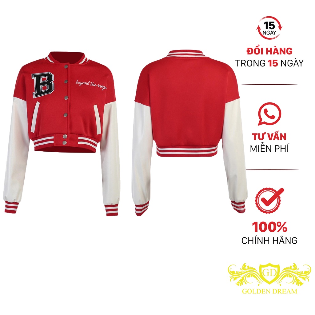 Áo khoác bomber Nữ croptop GOLDEN DREAM Thêu Chữ B Phối tay trắng GOLDEN DREAM