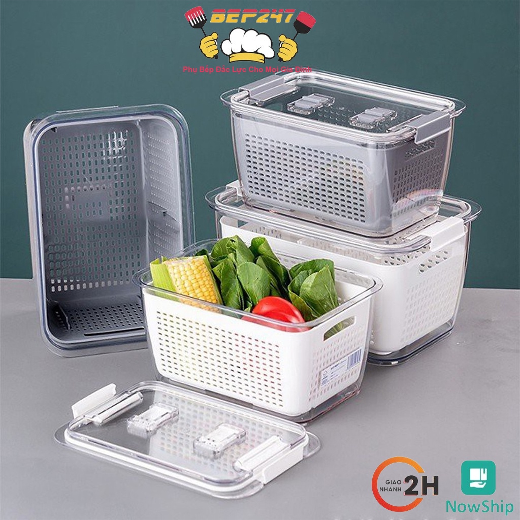 Hộp Đựng Thực Phẩm 2 Lớp Có Lỗ Thoát Nước Để Tủ Lạnh, Bảo Quản Rau Củ Hoa Quả , Chất Liệu Nhựa An Toàn