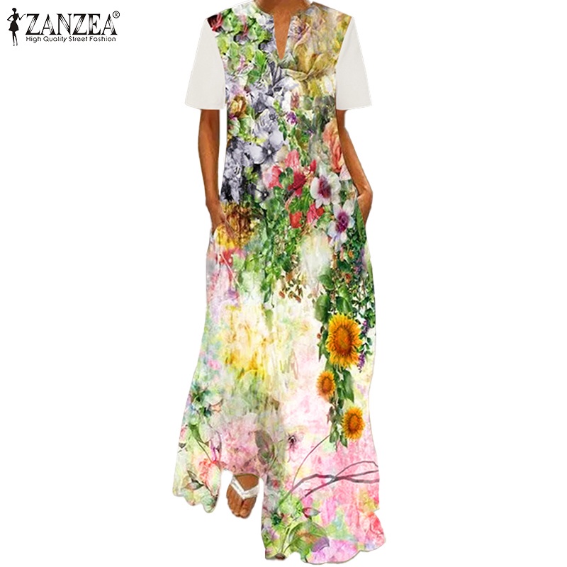 Đầm dài ZANZEA dáng rộng tay ngắn in họa tiết hoa cổ chữ V phong cách vintage cho nữ