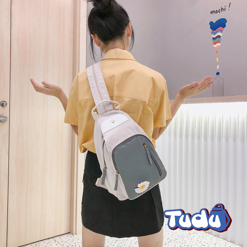 Balo Mini Tudu, Ba Lô Nữ Kết Hợp Túi Đeo Chéo Thời Trang Phong Cách Hàn Quốc Kèm Sticker Hoa Cúc CN163 Màu Xám Xanh