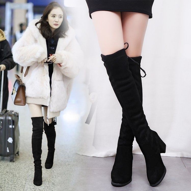 ●✽❧Autumn/Winter 2019 pointed high heeled knee-length boots thick-tie with thin leg-spinner knight women's