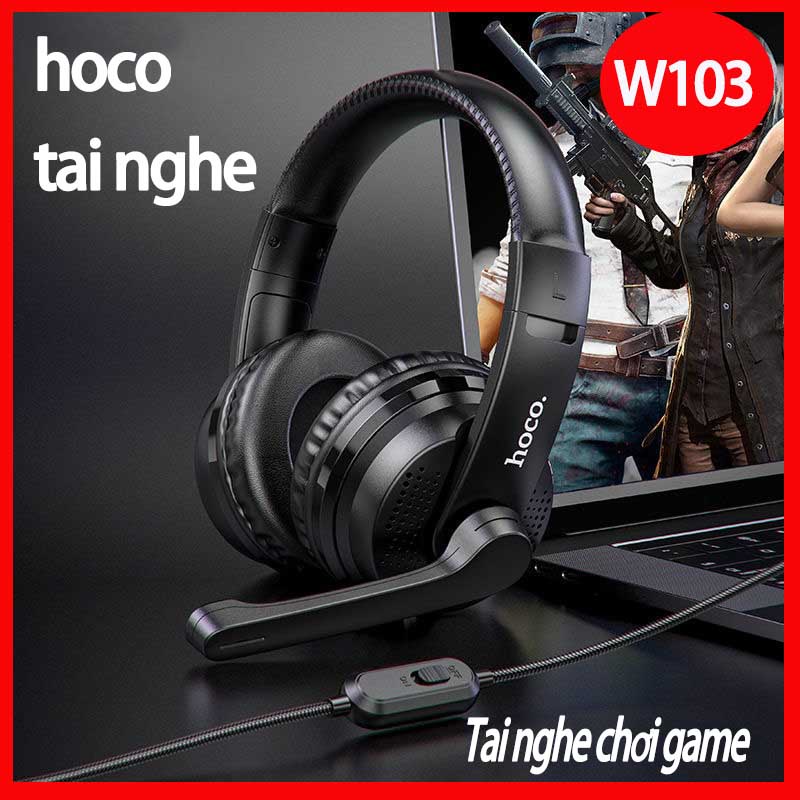 Tai nghe chụp tai có míc hoco W103 điều chỉnh âm lượng làm thoại chơi game,học online trên PC máy tính điện thoại laptop