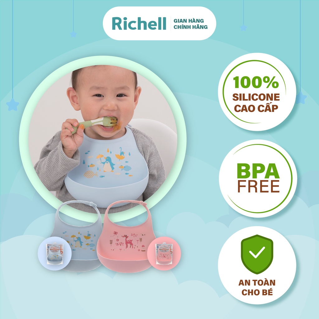 [MUA 1 TẶNG 1] Yếm ăn dặm silicone có máng hứng Richell Nhật Bản | Baby