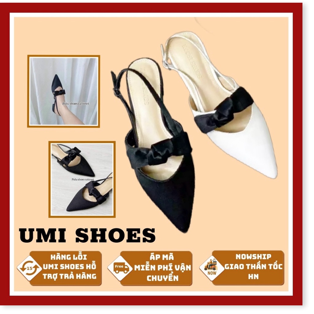 💗MILANO SHOES💗 Giày búp bê nữ hài bệt mũi nhọn kiểu thắt nơ đế bệt đơn giản quai cài ngang màu đen/trắng mới xinh côn