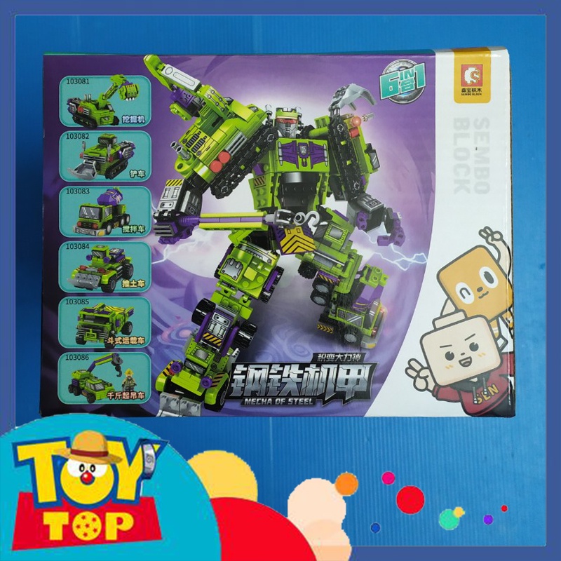 Đồ chơi lắp ráp ghép robot 6 in 1 kết hợp 6 xe công trường biến hình chiến binh xanh xếp hình sembo 103081-103086