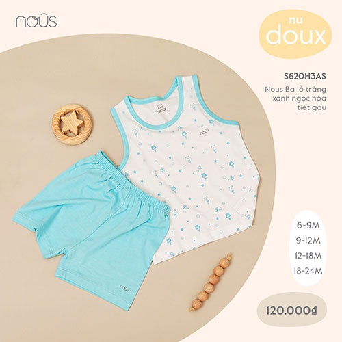 Bộ Quần Áo Ba Lỗ Nous Màu Trắng Xanh Ngọc Họa Tiết Gấu - Chất Liệu Nu Doux(Size Từ 6-9 Tháng Đến 18-24 Tháng)