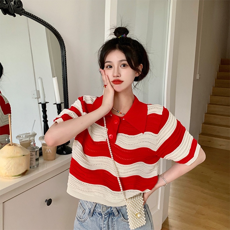 Áo thun polo ZHELIHANGFEI vải dệt kim tay ngắn họa tiết kẻ sọc màu sắc tương phản cá tính