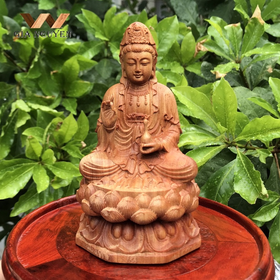 Tượng Phật Bà Quan Âm tọa đài sen Tượng gỗ thơm để ô tô, để bàn  phong thủy, may mắn, bình an