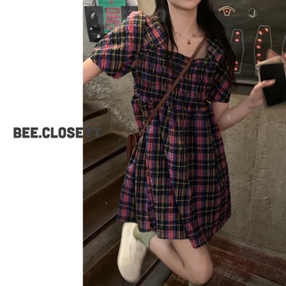 Đầm babydoll caro dáng ngắn tay ngắn nhún ngực