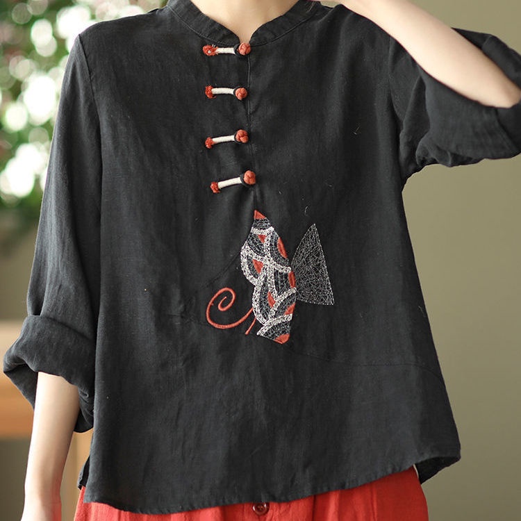Áo Sơ Mi cotton Lanh Dáng Rộng Cài Khuy Thêu Họa Tiết Dân Tộc Phong Cách Mới 2022 size m-3xl Thời Trang Xuân Hè Dành Cho Bạn Nữ