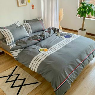 Bộ Chăn Ga Gối Kẻ Ngang Xám Trắng Cotton Poly