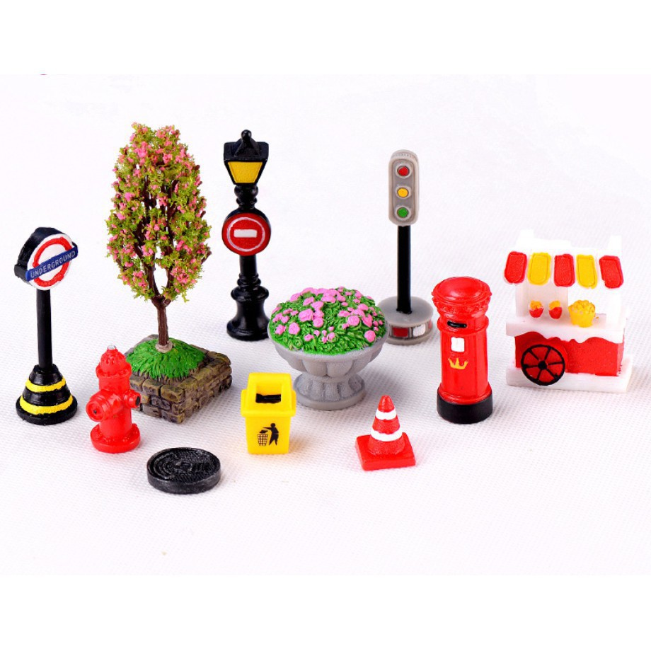 Tiểu cảnh GIAO THÔNG - Cột Đèn, Xe bán kem, Thùng Thư, Cột nước cứu hỏa, Chậu hoa, Thùng rác, Cảnh báo công trình