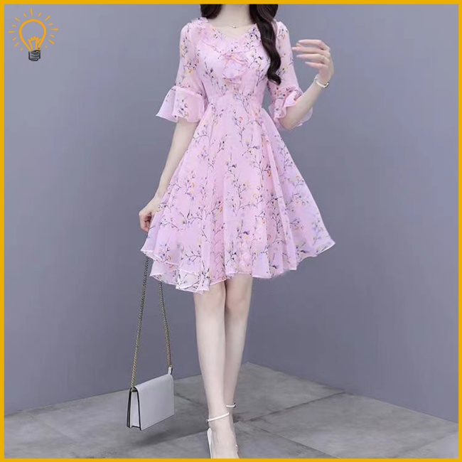 Đầm Chữ A Tay Ngắn Cổ Chữ V In Họa Tiết Hoa Thời Trang Mùa Hè Dành Cho Nữ