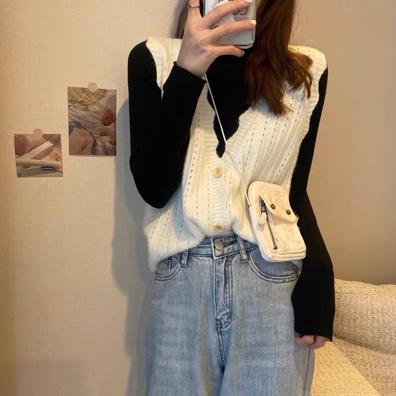 Áo Len Gile Nữ ghile Cổ V Basic Màu Trơn Có Cúc Kiểu Hàn Quốc Ulzzang thời trang Xiaozhainv vn_K3C1