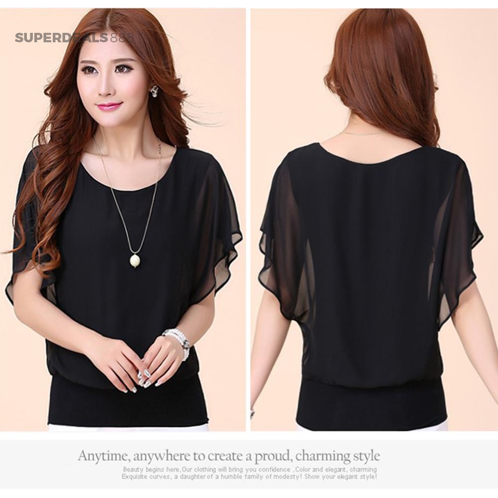 Superdeals88* Áo Voan Tay Cánh Dơi Màu Trơn Cỡ Lớn Thời Trang Mùa Hè Cho Nữ