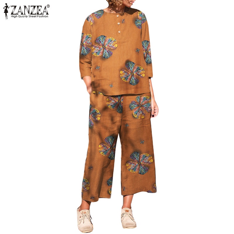 Set đồ ZANZEA cổ tròn tay 3/4 cài nsut lưng co giãn in họa tiết giản dị dành cho nữ