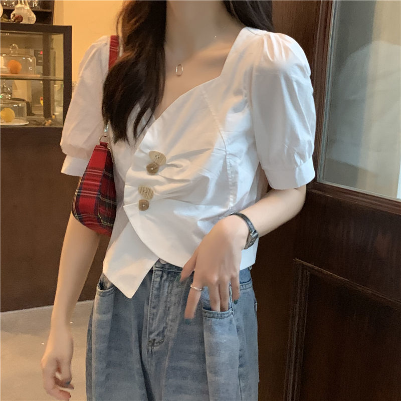 Short White Shirt Women's Design Sense Niche Puff Short Sleeve Top