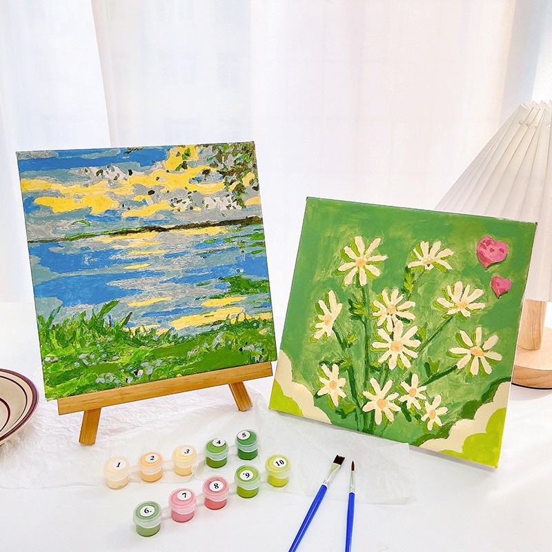 Tranh Sơn Dầu Acrylic Số Hóa Vẽ Tay Size 20 Mini Trang Trí Bàn Học Chủ Đề Phong Cảnh Hoa
