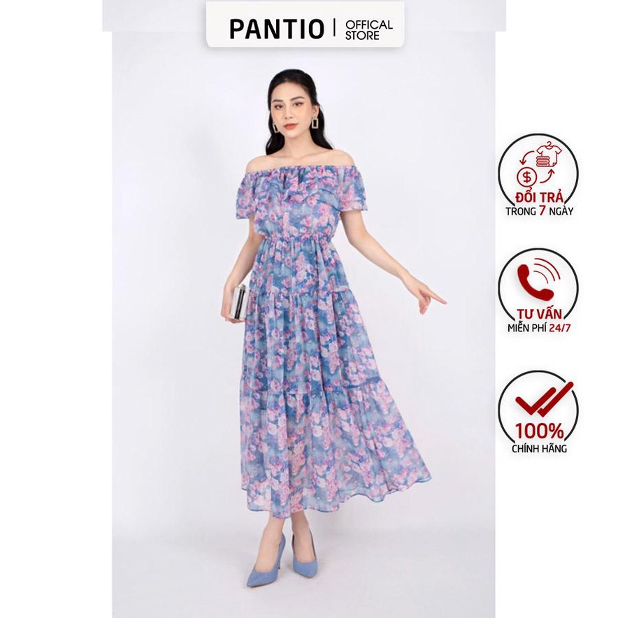 FDP32955 - Đầm dạo phố vải voan dáng maxi trễ vai chân váy rút bèo xếp tầng - PANTIO