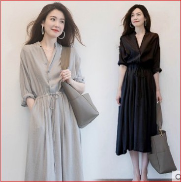Váy sơ mi thành đạt công sở rút dây cỡ đại dạo phố Ulzzang Hàn Quốc dài giảm tuổi Thu Đông