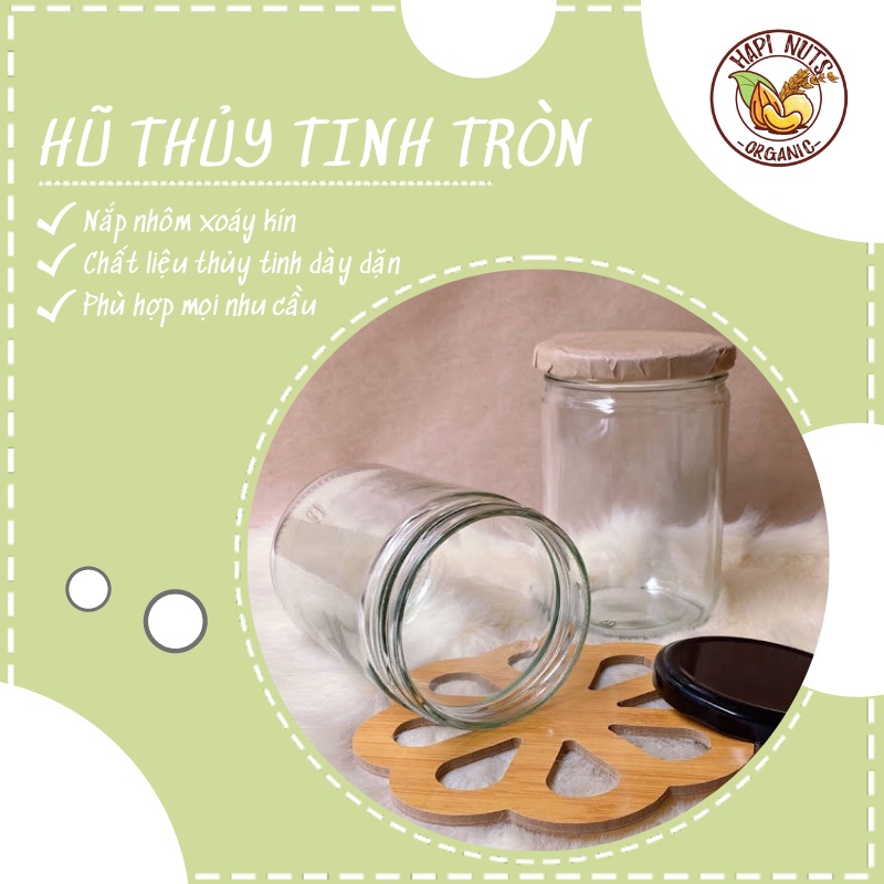 Hũ, lọ thủy tinh tròn đựng mật ong, dầu dừa, bột làm đẹp, trang trí đủ mọi dung tích