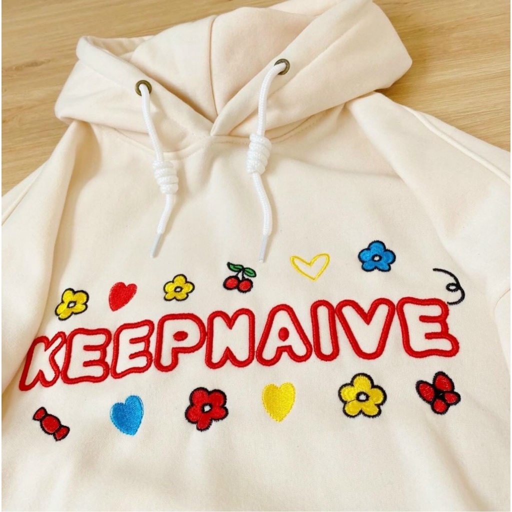 ÁO KHOÁC HOODIE CHUI ĐẦU NỈ NGOẠI NỮ THÊU CHỮ KEEPNAIVE HOA LÁ MÀU BE XANH CỐM DÀY DẶN ẤM ÁP CAO CẤP NITIQC