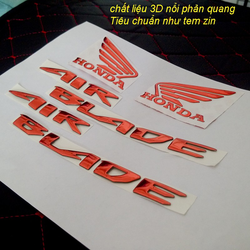 Bộ tem Air Blade, logo AB, Cánh Chim Honda 3D nổi màu Đỏ