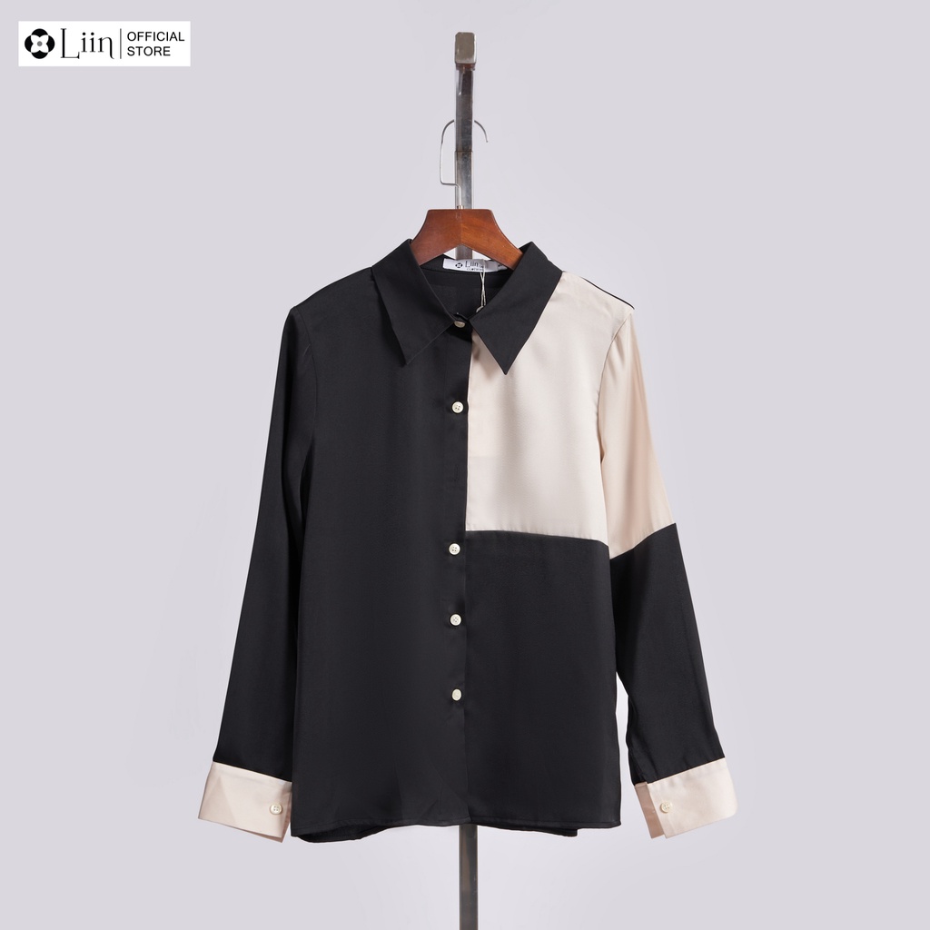 LIIN - Áo sơ mi lụa đen phối trắng LINBI SM3615