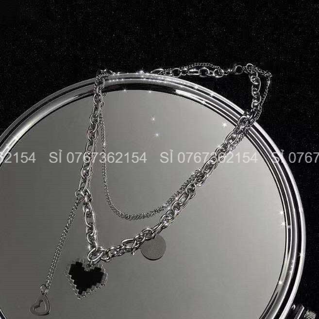 Set 2 Dây Chuyền Xích Tầng Unisex Đính Trái Tim Đen