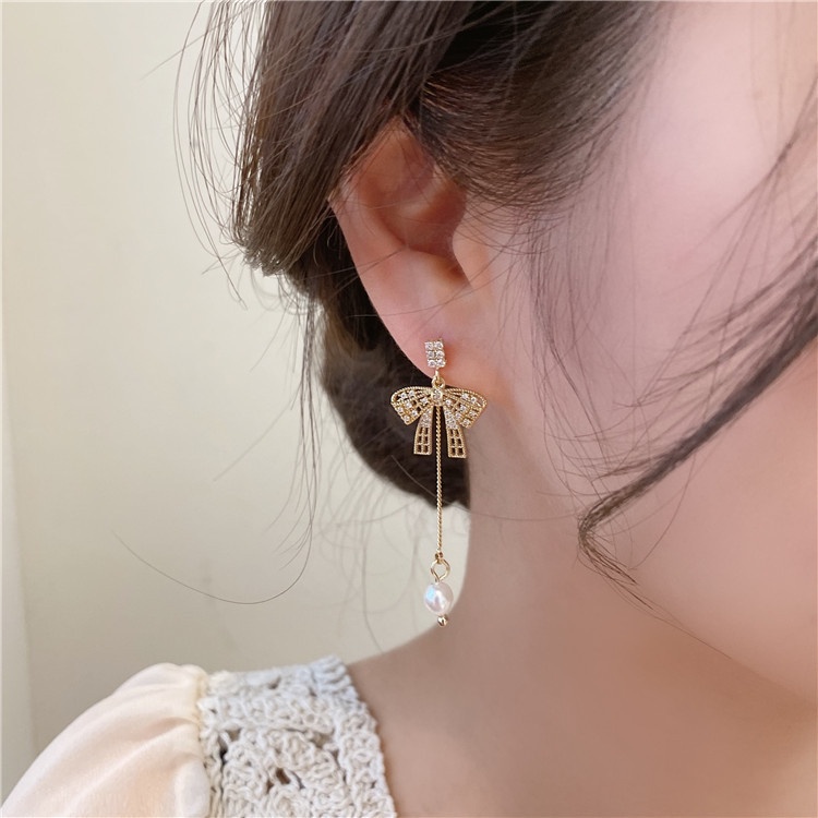 Bông tai dài hình nơ bằng bạc 925 đính ngọc trai thời trang cho nữ