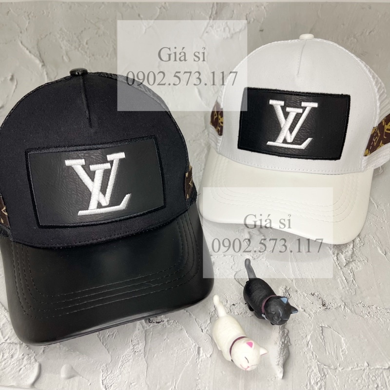 Nón kết lưỡi trai da thêu LV vuông phối lưới thời trang đơn giản