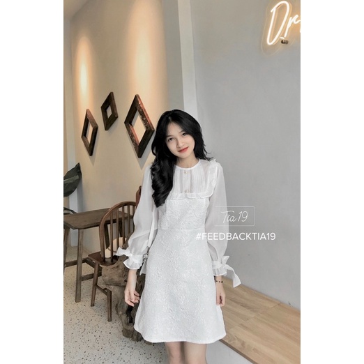 Váy trắng gấm cổ tròn dáng xoè Tia19. Đầm trắng dự tiệc cổ tròn tiểu thư ulzzang | BigBuy360 - bigbuy360.vn