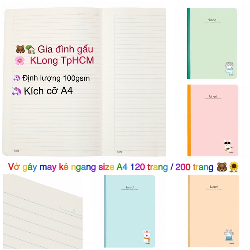 KLONG - Sổ gáy may kẻ ngang Lined 120/200 trang - vở cỡ A4 - 100/76; MS: 847/ 848 🌸 lẻ 🌸