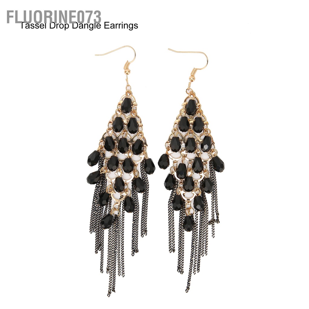 Fluorine073 Tua cườm Bông tai Hợp kim Giả Pha lê Dài Màu đen Thả Dangle rua Quà tặng cho Phụ nữ