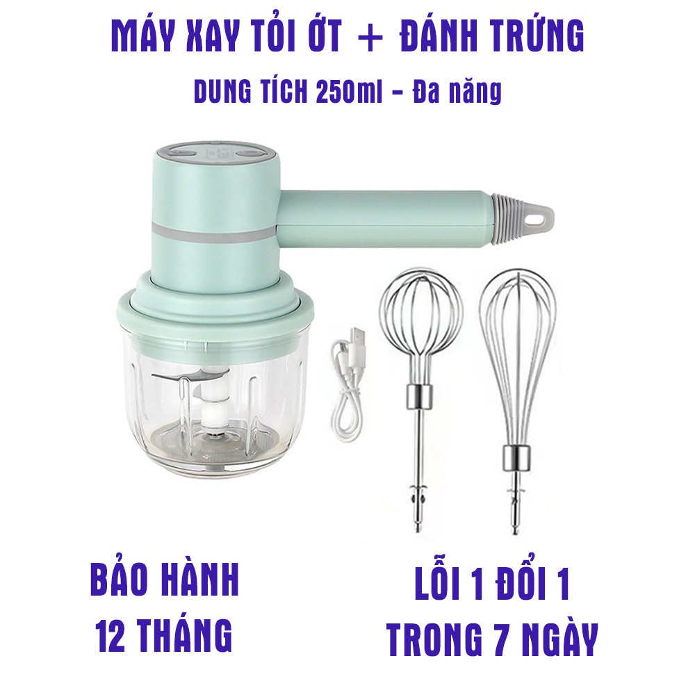 Máy xay tỏi ớt mini kiêm máy đánh trứng cầm tay 3 trong 1, máy xay thực phẩm 3 tốc độ, 2 đầu trộn bột, đánh kem, 250ml