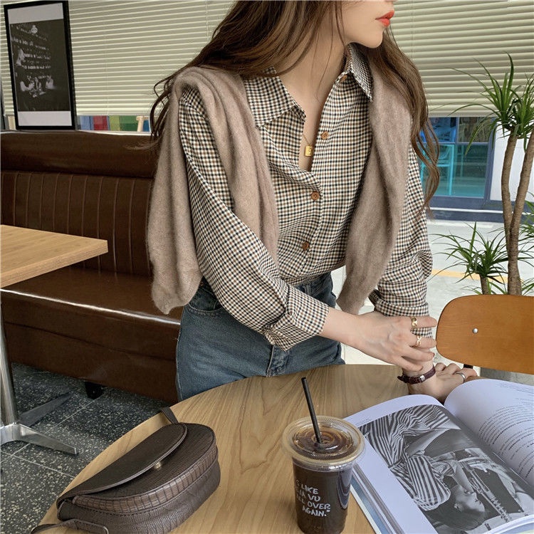 Áo sơ mi RENJIANVSHENG 164210 tay dài xếp nếp phong cách Hong Kong retro thời trang