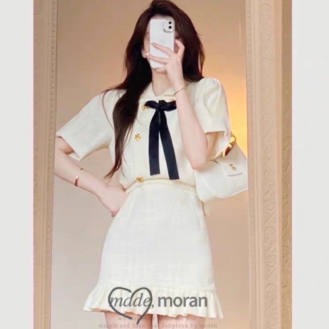 Set bộ dạ lien áo sơ mi cổ bẻ nơ ngực mix chân váy A viền bèo siêu xinh ln om