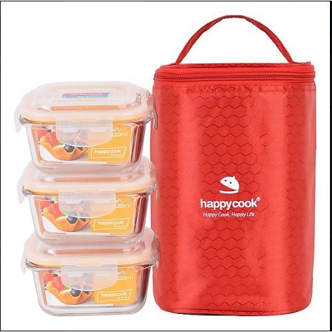 Bộ Hộp Cơm Thủy Tinh Vuông, Kèm Túi Giữ Nhiệt Happy Cook 3 PCS 520ml