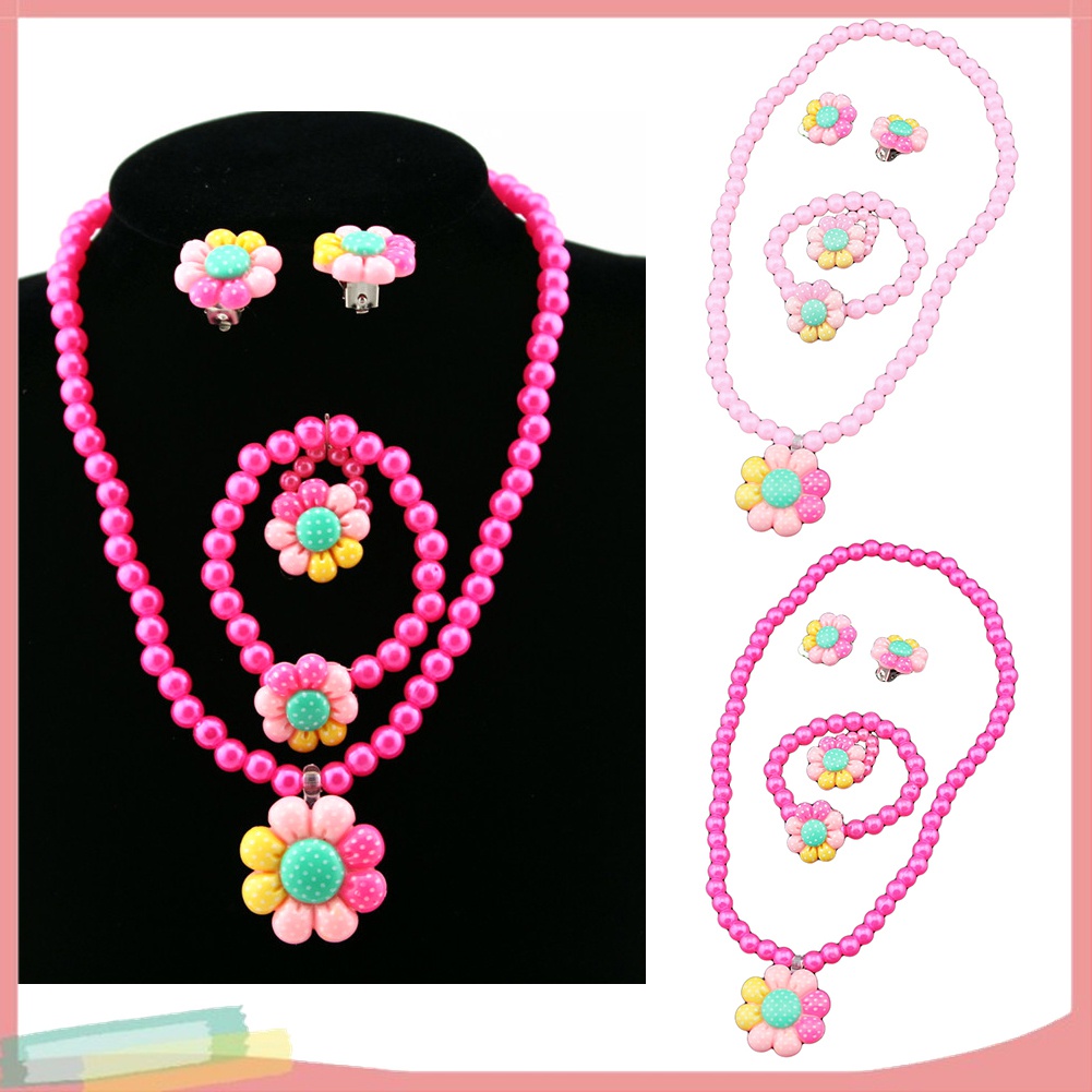 Bộ Trang Sức Gồm Vòng cổ / Vòng Tay / Nhẫn / Bông Tai Hình Hoa Đính Ngọc Trai Nhân Tạo Dễ Thương Cho Bé Gái