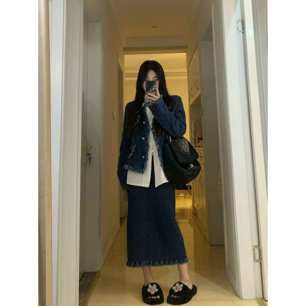 Áo khoác denim Xiaoxiangfeng với vành suông phong cách retro