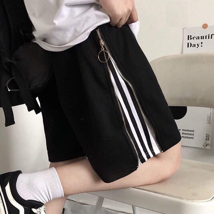Quần short thể thao nữ 3 sọc phối khóa kéo JULYF - Sooc ống rộng học sinh phong cách hàn quốc unisex cá tính ulzzang