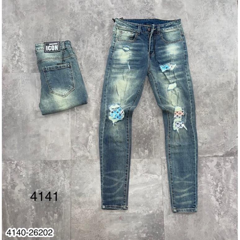 Quần Jeans Nam LV Vá Da Cực Hot - Quần Bò Xanh Amr Rách Nhẹ Cao Cấp Cho Nam