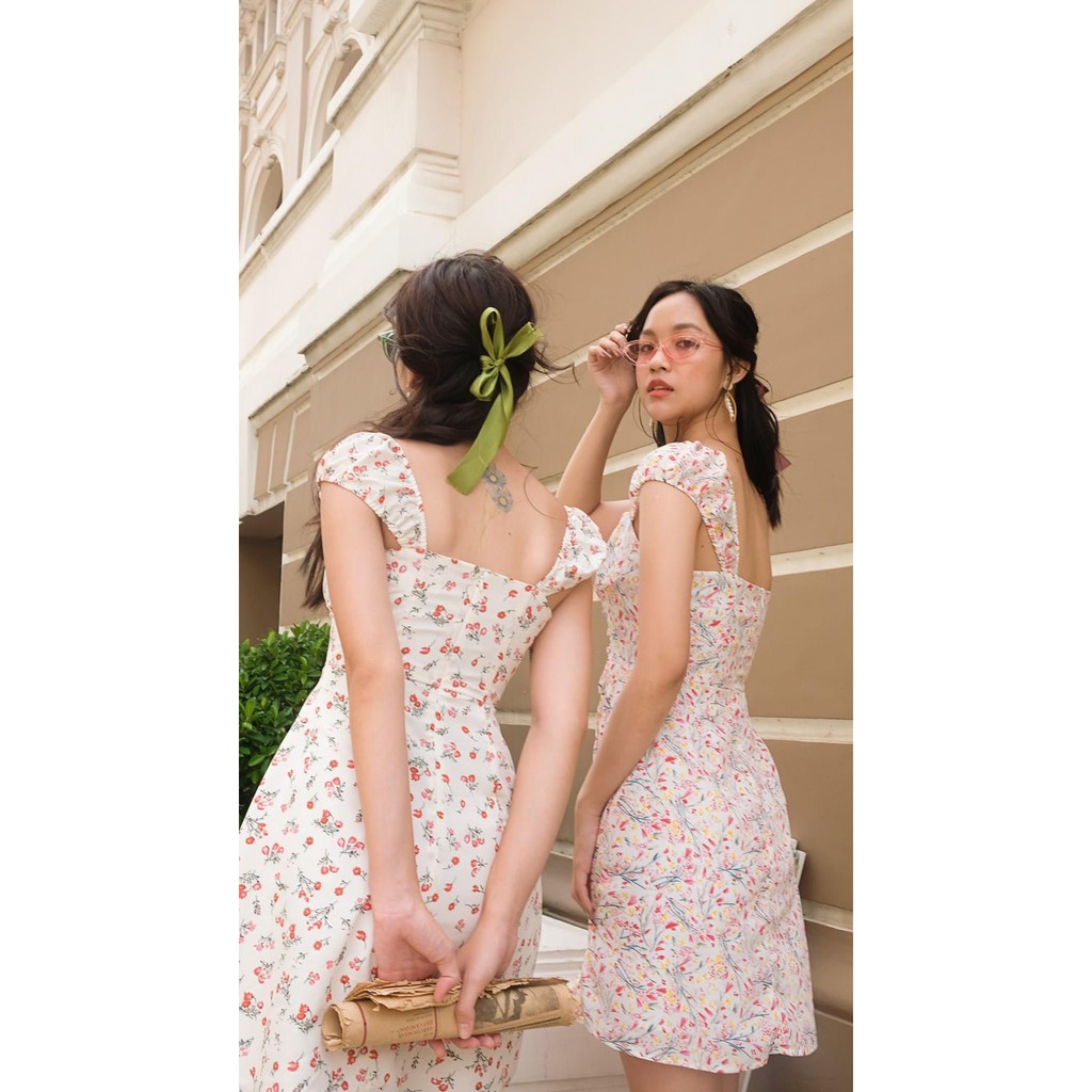 Đầm hoa nhí cổ vuông tay, váy thiết kế trẻ trung