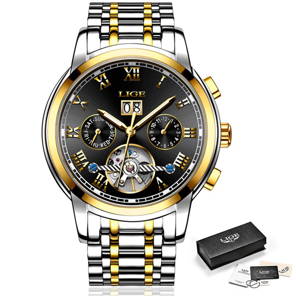 LIGE Men's Watch Fashion Sports Watch Automatic Date Roman Digital Steel Belt Waterproof Mechanical Watch
